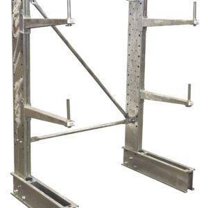 The Vestil Cantilever Galv 6 Ft Sgl Side 24 Arm Set is a metal frame with adjustable arms, designed for material or equipment storage. It includes a perforated side for customization and stability, offering a sleek, industrial look.