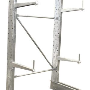 The Vestil Cantilever Galv 8 Ft Sgl Side 24 Arm Set includes vertical supports, horizontal base beams, and adjustable arms. Its perforated metal design is ideal for industrial or storage applications, offering both durability and a polished aesthetic.