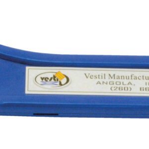 The Vestil Stretch Wrap Film Knife 7 X 2 In is a blue handheld safety cutter with a hook-shaped cutting edge, featuring a label from Vestil Manufacturing Corp. Angola, Indiana and their phone number. It also has a hole at the handles end for easy hanging.