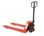 The Vestil Heavy Duty Side Winder Pallet Truck features a vibrant red finish and black handle. With two forks and front wheels, its engineered for efficiently lifting and transporting pallets.