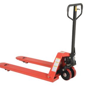 The Vestil Heavy Duty Side Winder Pallet Truck features a vibrant red finish and black handle. With two forks and front wheels, its engineered for efficiently lifting and transporting pallets.