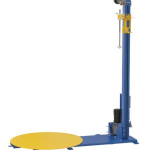 The Vestil Wrap Machine W/Powered Mast 4000 Lb, designed in blue and yellow, features a circular yellow platform and vertical blue structure with mechanical components and a top motor, providing an efficient solution for packaging and wrapping tasks.