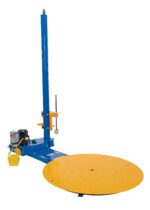 The Vestil Semi-Automatic Stretch Wrap Machine 50In boasts a yellow and blue design with a vertical mast and control panel, featuring a textured circular platform for grip. A foot pedal enables smooth operation, while discreet wiring connects its components.
