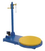 The Vestil Semi-Stretch Wrap Machine 54 In Diameter, with its blue and yellow design, features a 54-inch circular base platform and vertical arm. Perfect for industrial or warehouse use, it secures items using film via a small motor and control mechanism.