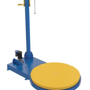 The Vestil Semi-Stretch Wrap Machine 60 In Diameter features a blue and yellow design with a 60-inch rotating platform. Its vertical arm securely holds wrapping material, making it ideal for efficiently securing loads on pallets with plastic film.