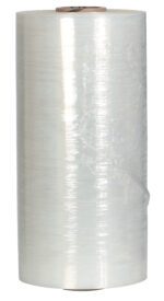 The product, a large roll of Vestil Wrap Machine Option - Stretch Wrap, stands upright and is ideal for use with a vestil wrap machine. With a tightly wound, smooth, reflective surface, its perfect for wrapping and securing items. The core is visible at both ends.