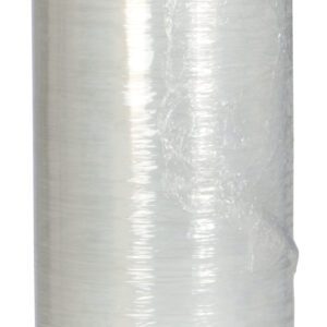 The product, a large roll of Vestil Wrap Machine Option - Stretch Wrap, stands upright and is ideal for use with a vestil wrap machine. With a tightly wound, smooth, reflective surface, its perfect for wrapping and securing items. The core is visible at both ends.