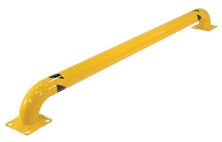 SWAC-92_A.jpg The Vestil Wheel Alignment Curb 92 In Yellow includes a safety barrier rail with curved ends, mounting plates on each side, and black triangular markings near the bends for secure ground installation.