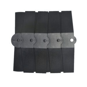 Five Vestil Sidewinder Protectors (12 x 13-5/8, Black) are aligned side by side, each featuring a central hole and notched top.
