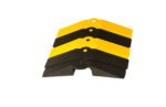 Three plastic brackets, similar to the Vestil Sidewinder Protector 12 X 13-5/8 Yel/Blk, are stacked vertically and feature alternating yellow and black colors with a central mounting hole in a simple geometric design.