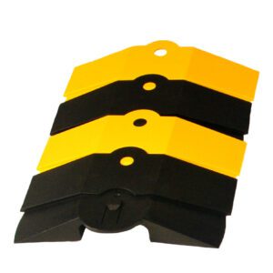 A vertical stack of three Vestil Sidewinder Protector paint scrapers (12 x 9-3/4 inches) features unique yellow and black handles, with each scraper including a hole near the top for easy hanging or storage.