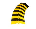 The Vestil Sidewinder Protector 40 X 13-5/8 Yel/Blk is a yellow and black curved road barrier with alternating colors, featuring segments with central holes arranged in an arc to effectively guide or redirect traffic.