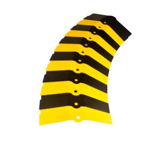 The Vestil Sidewinder Protector 40 X 13-5/8 Yel/Blk is a yellow and black curved road barrier with alternating colors, featuring segments with central holes arranged in an arc to effectively guide or redirect traffic.