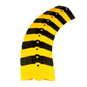 A curved pattern of alternating black and yellow rectangles, like the Vestil Sidewinder Protector- 40 X 9-3/4 Yel/Blk, on a white background likely resembles speed bumps or modular cable protectors.
