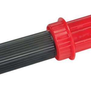 A red and black plastic nozzle with a ribbed handle and adjustable red cap, similar to the Vestil Handheld Stretch Wrap Dispenser 5X1.5 In, is ideal for hose connections or water spraying systems.