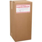 A tall rectangular cardboard box labeled MH-USA Gritless Sweeping Compound - 200 lb. Bag (200Lbs/Case) features usage instructions for wood, metal, and concrete floors. It has a plain design with taped edges and a striking red and white label.