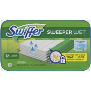 The Swiffer® Sweeper Pads - Wet Cloths, 144 ct., feature packaging with stacked cloths, water droplets, a trap-and-lock icon, and open-window fresh scent text. They are ideal for efficient cleaning, available in either 12 wet cloth packs or bulk options like the 144 ct.