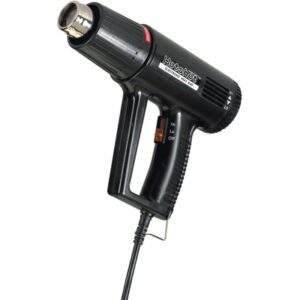 The MH-USA Variable Temperature Heat Gun, with Heat Gun on the side, features an ergonomic handle, adjustable settings, and a power switch for high, low, and off options. A securely attached cord at the base ensures easy maneuverability.