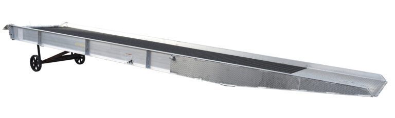 SY-167230_A.jpg The Vestil Alum Yard Ramp Steel Grating 74in x 30 ft is a long aluminum ramp with side rails, a black grooved surface, support legs, and wheels at one end for easy transport and loading=