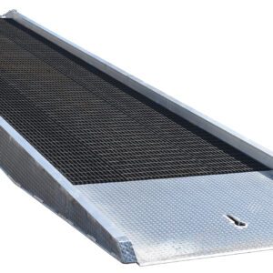 The Vestil Alum Yard Ramp Steel Grating 86In X30 Ft is a metallic ramp with a black grated surface for loading vehicles or equipment onto trailers. It includes wheels on one side for easy maneuverability.