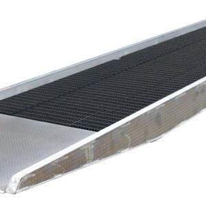 The Vestil Alum Yard Ramp Steel Grating 86In X 36 Ft showcases a gentle incline and side rails for safety. Equipped with wheels for easy mobility, its durable texture provides optimal traction. The plain backdrop emphasizes the ramps robust design.