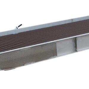 The Vestil Alum Yard Ramp Steel Grating 74 Inx36 Ft is a long, metallic ramp with a grated surface. It features wheels for mobility, raises at one end, and tapers downwards, allowing easy loading/unloading over its span.