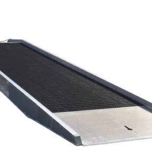 The Vestil Alum Yard Ramp Steel Grating 86 Inx36 Ft is ideal for loading or unloading with its robust metal build and solid edges. It measures 86 inches by 36 feet, features a ground-leading angle, and has side wheels for easy mobility.
