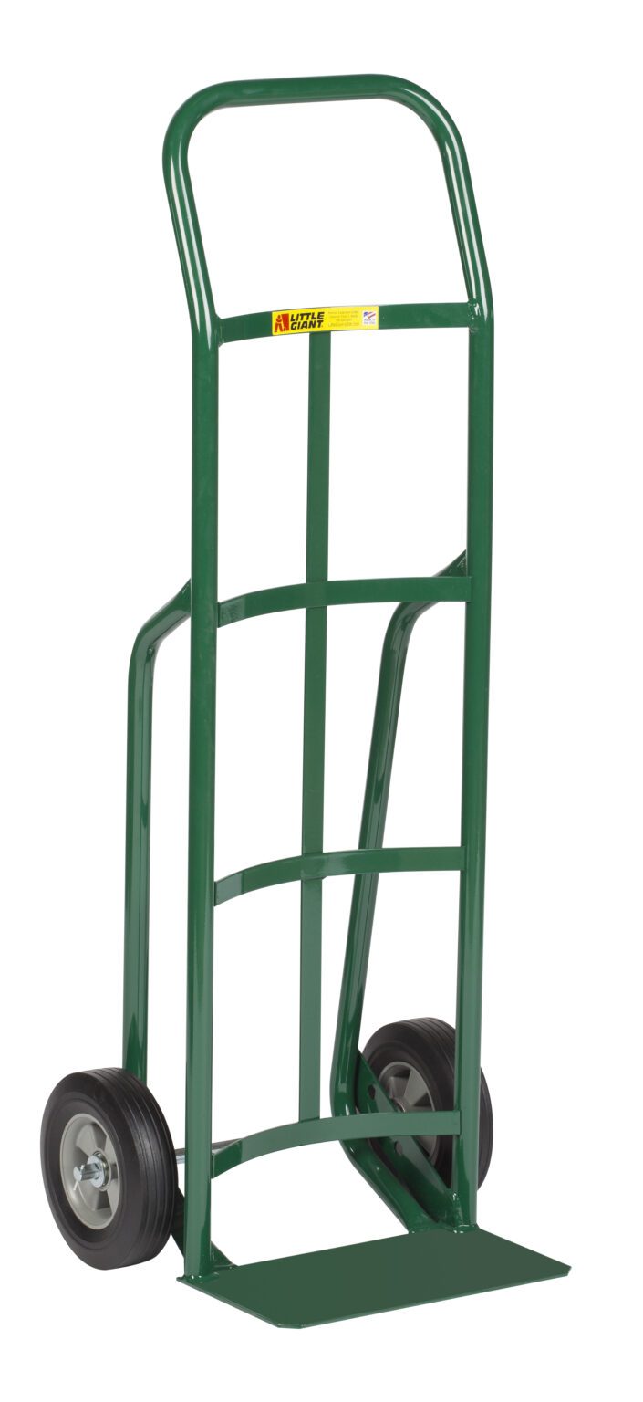 The green Little Giant Industrial Strength Hand Truck, with a sturdy metal frame and wide base, features two black wheels and an easy-grip handle, ensuring it efficiently handles heavy loads.