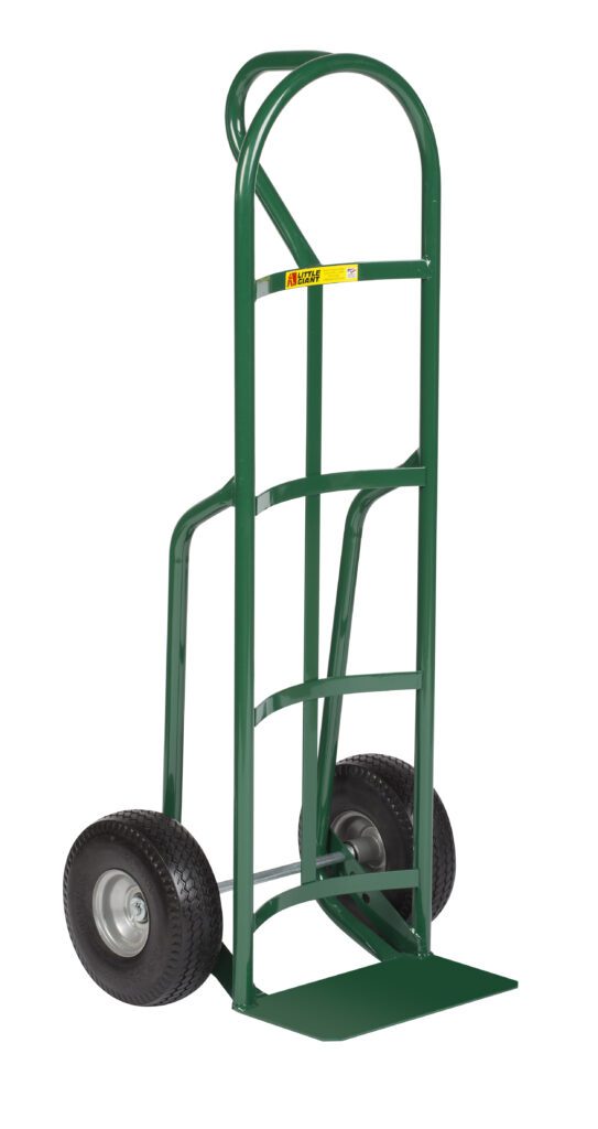 The Little Giant Industrial Strength Hand Truck boasts a sturdy metal frame with two large wheels. Its small flat base lifts heavy objects easily, while the curved top handle offers seamless maneuverability.