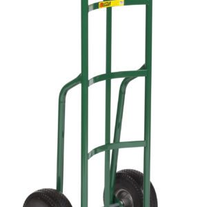 The Little Giant Industrial Strength Hand Truck boasts a sturdy metal frame with two large wheels. Its small flat base lifts heavy objects easily, while the curved top handle offers seamless maneuverability.