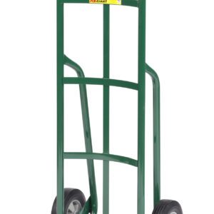 The Little Giant 12 Deep Reinforced Nose Truck, in green with two wheels and a flat base, offers efficient lifting and transporting. Its curved handle ensures easy gripping, while crossbars add stability and support for heavy-duty tasks.