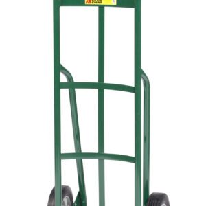 The Little Giant 12 Deep Reinforced Nose Truck features a sturdy build with a green frame, yellow handle grips, and two black wheels, making it ideal for effortlessly transporting heavy objects.