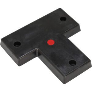 The Vestil Specialty T-Shaped Molded Bumper 3X22X22 features a durable black rubber base with four holes and a central small red circle, combining precision and robust design.