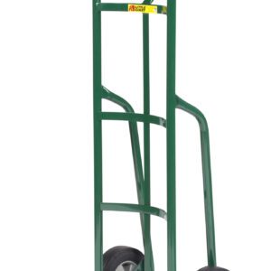 The Little Giant 12 Deep Reinforced Nose Truck, with a green frame, two black wheels, a curved handle, and flat platform at the base, is designed for efficient transport of heavy objects.