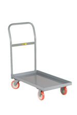 The Little Giant Steel Deck Platform Truck features a gray metal construction, tall handle, flat rectangular base, and four distinct red and white wheels, ideal for moving heavy items.