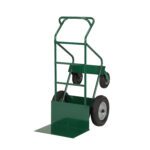 The Little Giant Bulk Hand Truck features a green metal frame with two wheels and a toe plate for easy transport. Its curved handle provides comfort, making it perfect for moving heavy items effortlessly.