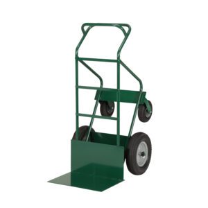 The Little Giant Bulk Hand Truck features a green metal frame with two wheels and a toe plate for easy transport. Its curved handle provides comfort, making it perfect for moving heavy items effortlessly.