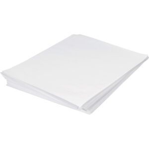 The MH-USA 15 x 20 Economy Tissue Paper (9600 Sheets) stack is neatly arranged, with perfectly aligned edges and a smooth surface, emphasizing its simplicity and practicality against the plain background.