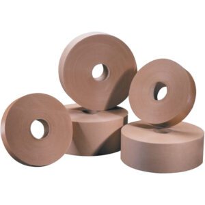 Four rolls of 1 x 500 Kraft Tape Logic #5000 are stacked, showcasing their hollow centers and thickness against a white background. These non-reinforced, water-activated tapes subtly emphasize their size and shape, with each roll part of a 30-per-case package.