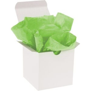 A white open gift box is filled with crumpled MH-USA 15 x 20 Citrus Green Gift Grade Tissue Paper, enveloping the surprise within.