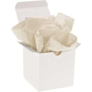 An open white box filled with MH-USA 20 x 30 Khaki Gift Grade Tissue Paper (480 Sheets) features crumpled beige sheets adding elegance, set against a plain white background with invitingly open top flaps.