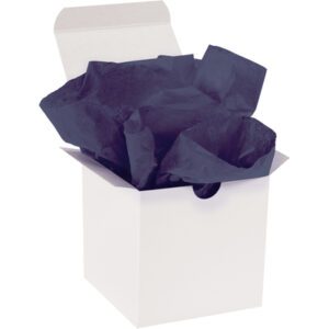 The white open gift box set against a pristine white backdrop, filled with crumpled black tissue paper and its lid slightly ajar, showcases the luxurious texture of MH-USA 20 x 30 Midnight Blue Gift Grade Tissue Paper (480 Sheets).