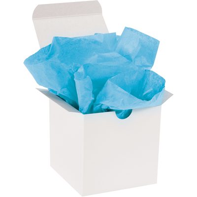 T2030CC.jpg An open white gift box reveals crumpled MH-USA 20 x 30 Turquoise Gift Grade Tissue Paper (480 Sheets), adding an elegant touch to its contents.