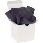 A white open gift box with the lid partially ajar reveals plush black tissue paper, similar to the premium MH-USA 20 x 30 Black Gift Grade Tissue Paper (480 Sheets), ready to add elegance to any special occasion.