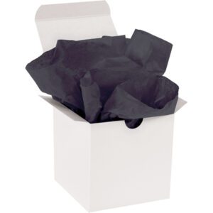A white open gift box with the lid partially ajar reveals plush black tissue paper, similar to the premium MH-USA 20 x 30 Black Gift Grade Tissue Paper (480 Sheets), ready to add elegance to any special occasion.