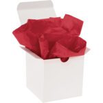 Against a plain white background stands an open gift box filled with crumpled MH-USA 20 x 30 Scarlet Gift Grade Tissue Paper (480 Sheets).