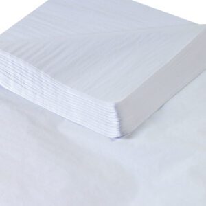 A stack of MH-USA 20 x 30 White Gift Grade Tissue Paper (480 Sheets) with a sheet partially angled shows clean edges and a smooth surface, enhancing versatility for various wrapping needs.