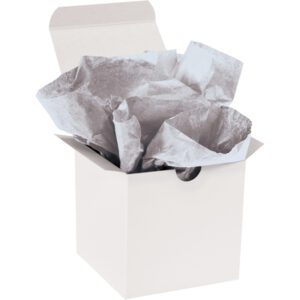 An open white gift box displays crumpled MH-USA 20 x 30 Metallic Silver Gift Grade Tissue Paper (200 Sheets), sparkling gently in the light.