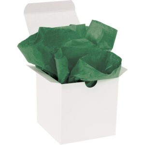 An open white gift box reveals the festive appeal of MH-USA 20 x 30 Holiday Green Gift Grade Tissue Paper (480 Sheets) neatly arranged inside.