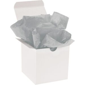 A white gift box with an open lid is elegantly filled with MH-USA 20 x 30 Light Gray Gift Grade Tissue Paper, creating a soft and stylish presentation.